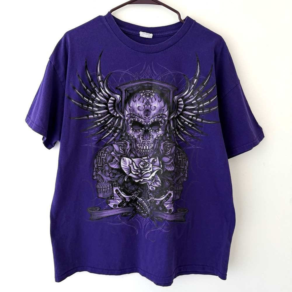 VTG Gildan Heavy Cotton Men's T-Shirt‎ XL Purple Skull Graphic Y2K Skater Grunge